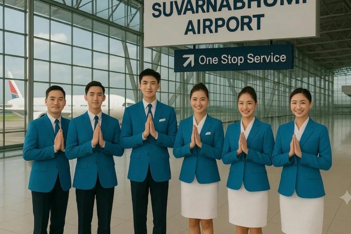 Four airport staff in blue uniforms stand smiling with hands in a wai gesture under a sign reading "Suvarnabhumi Airport."