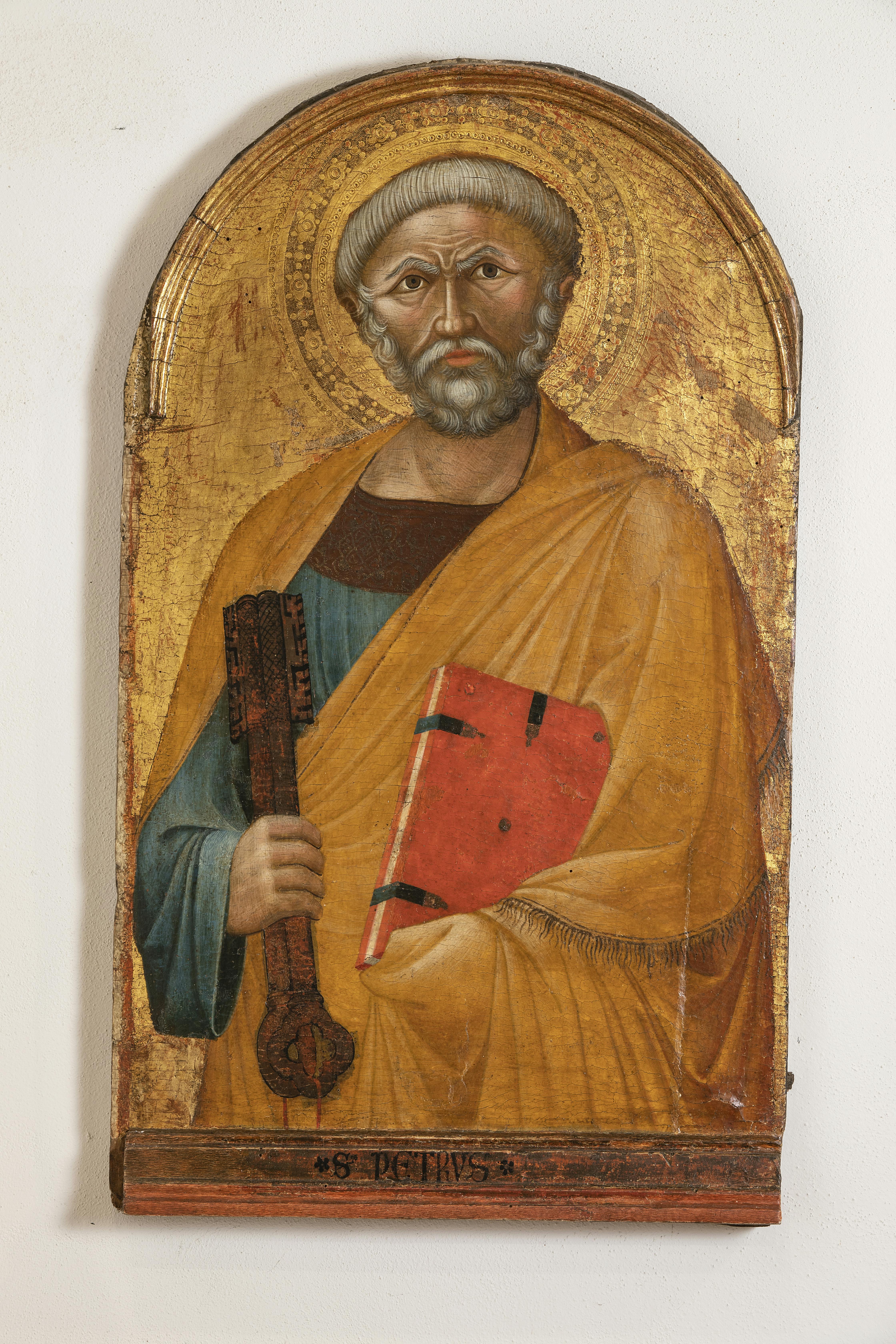 A painting of an older man with a gray beard and halo, holding a large key and a red book, dressed in a yellow cloak.