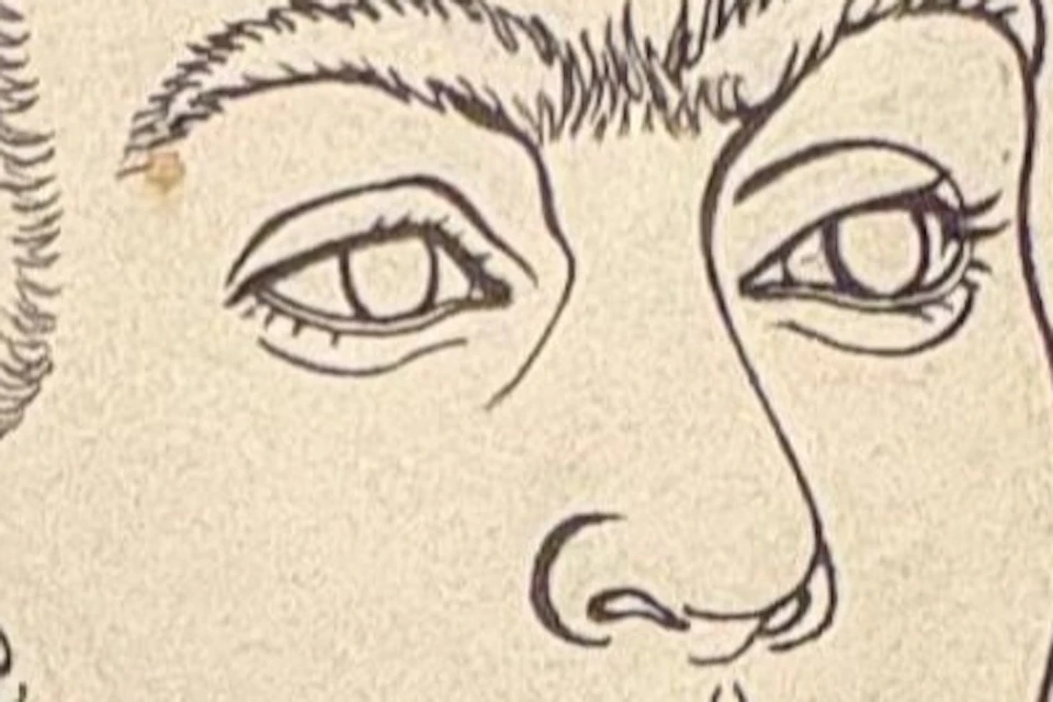 A detailed black-and-white drawing of Frida Kahlo, including handwritten text, displayed on a framed poster.