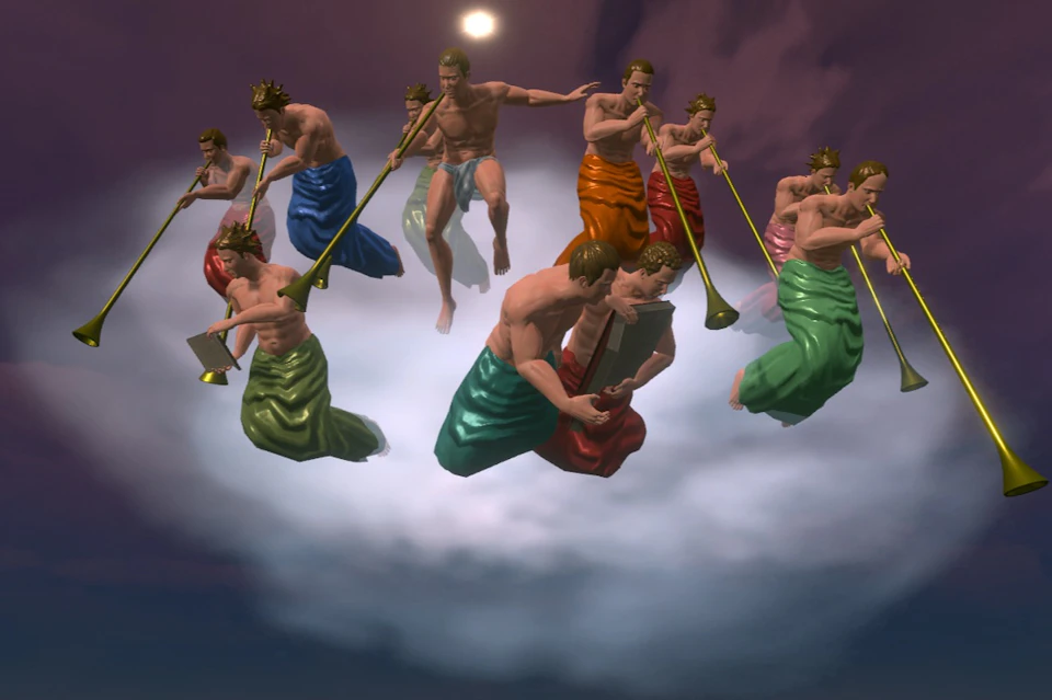 A group of figures in colorful robes playing trumpets, floating in a cloud-filled scene with a bright light above.