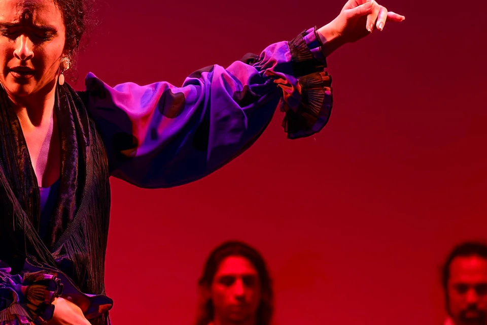 A flamenco dancer performs on stage with musicians seated in the background, under a neon sign reading "Theatre Flamenco."