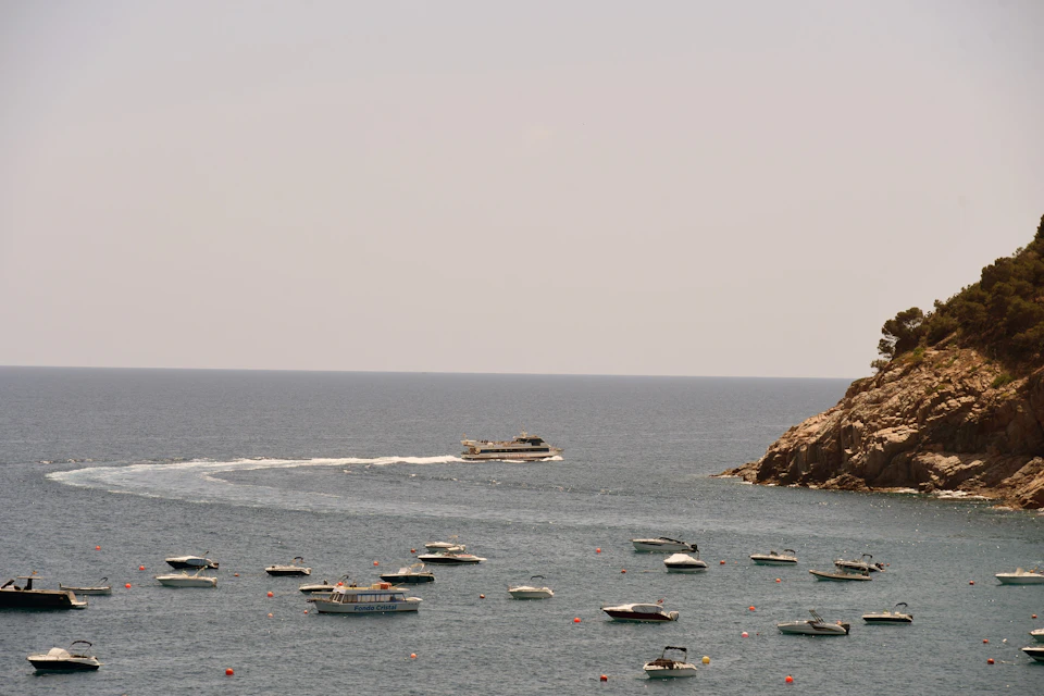 Numerous small boats and a ferry on a vast ocean with a rocky coastline under a clear, hazy sky.