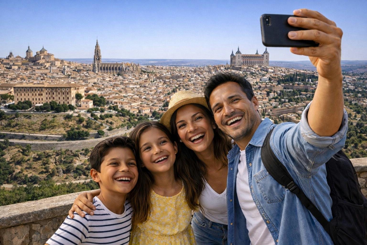 Une famille de quatre personnes souriant et prenant un selfie, avec en arrière-plan un paysage urbain historique comprenant une cathédrale et un château.
