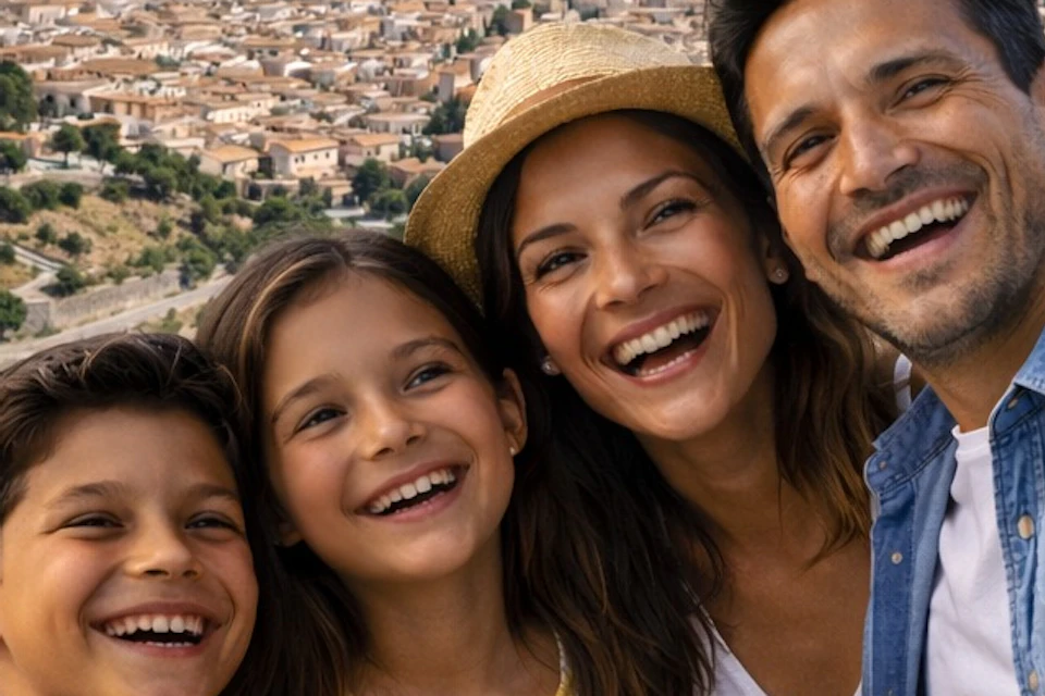 A family of four smiling and taking a selfie, with a historic cityscape featuring a cathedral and castle in the background.