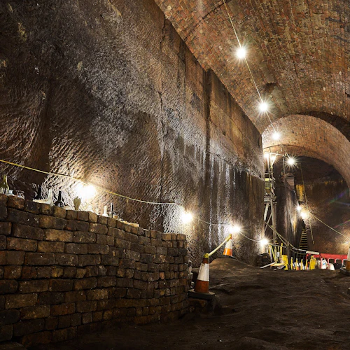 Underjordisk tunnel med tegelväggar och tak, dämpad belysning, utspridda trafikkoner och en stenpiedestal med olika flaskor.