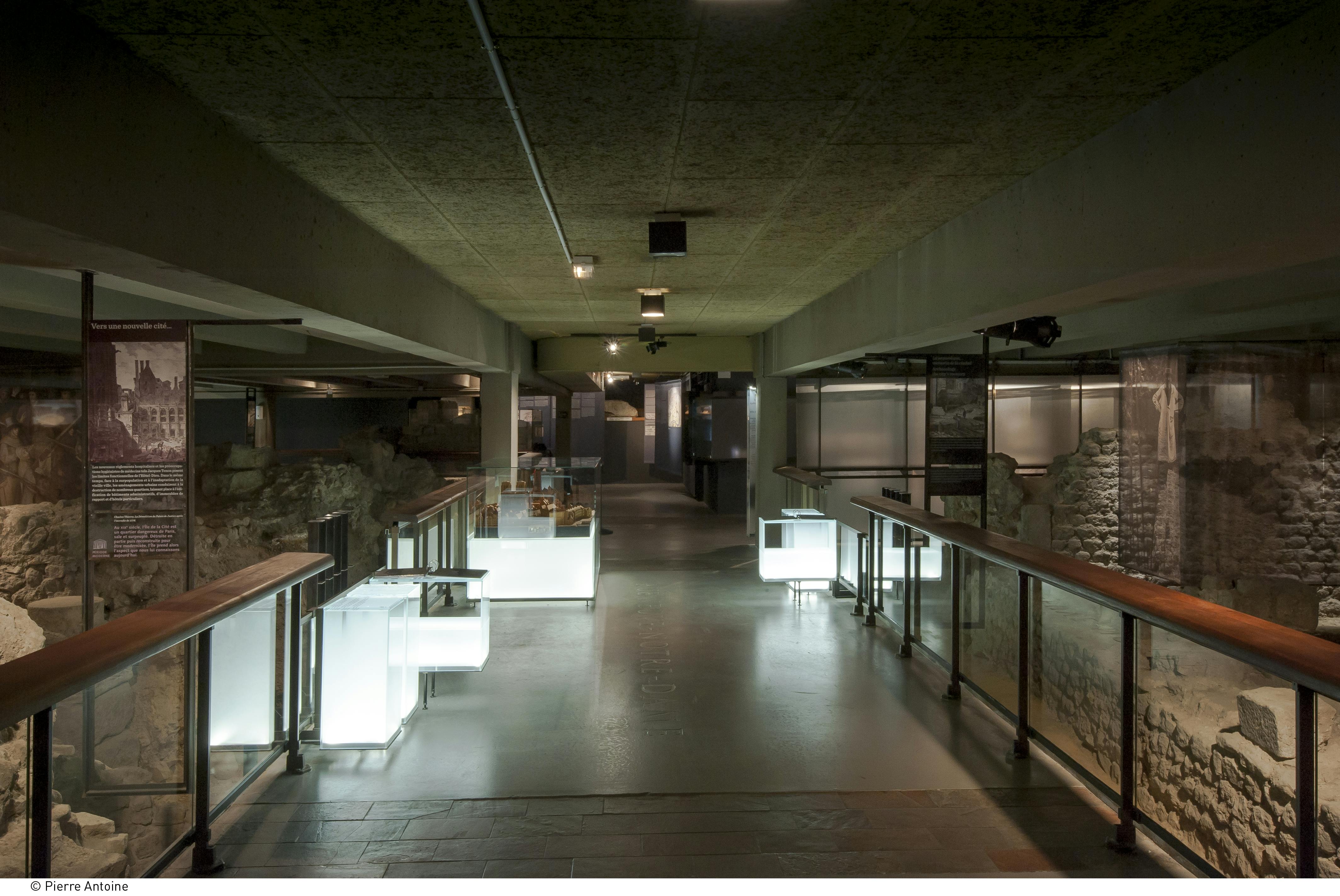 양쪽에 고대 석조 유적, 조명 디스플레이 케이스, 나무 난간이 있는 희미한 조명 복도. 참석자가 없습니다.