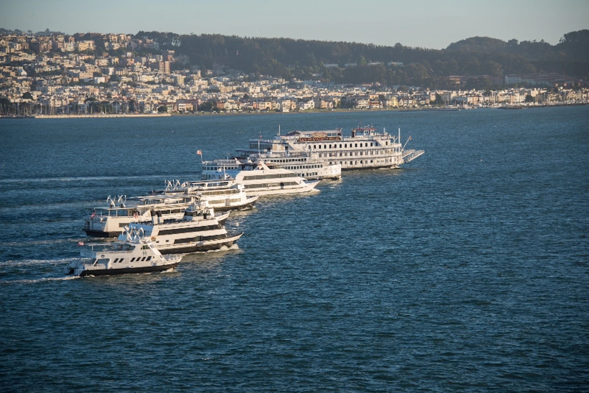 Several white yachts and a large riverboat docked in a calm bay, with a city and forested hills in the background.