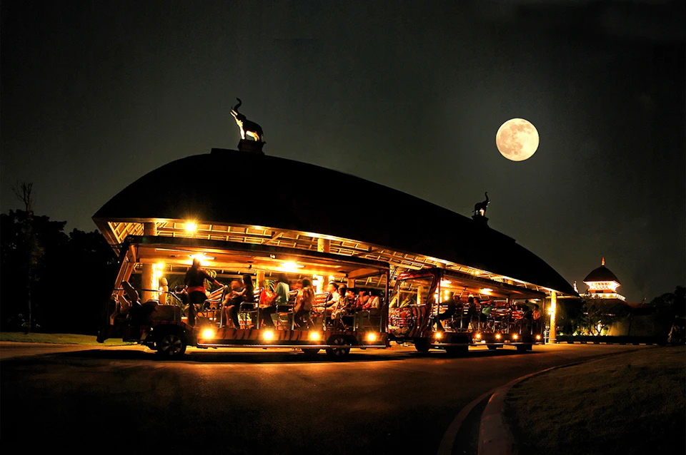 People boarding an illuminated tram under a roof with elephant statues at night, with a full moon in the background.