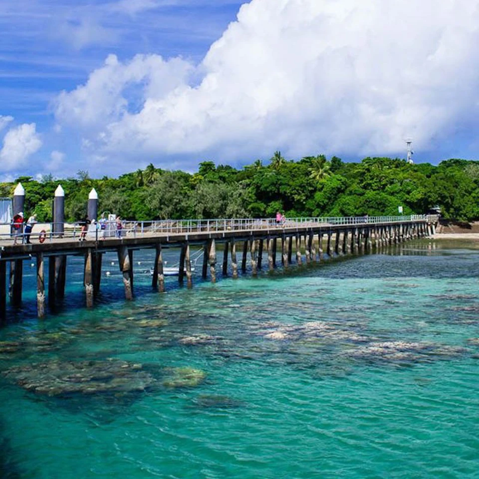A long pier stretches over clear, turquoise water with people walking on it, leading to lush green trees under a partly cloudy sky.