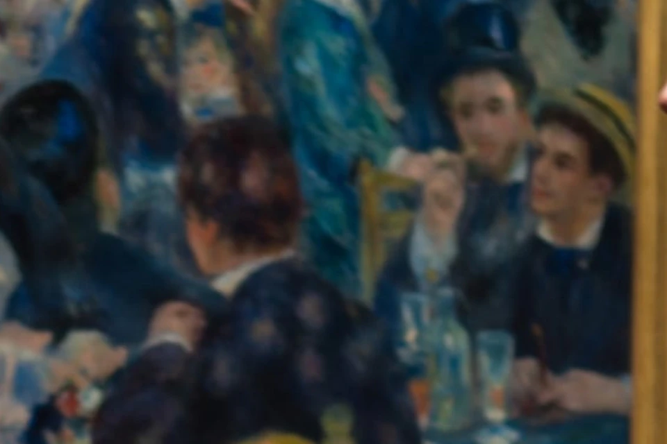 Guide and group in front of the painting Le Moulin de la Galette by Renoir