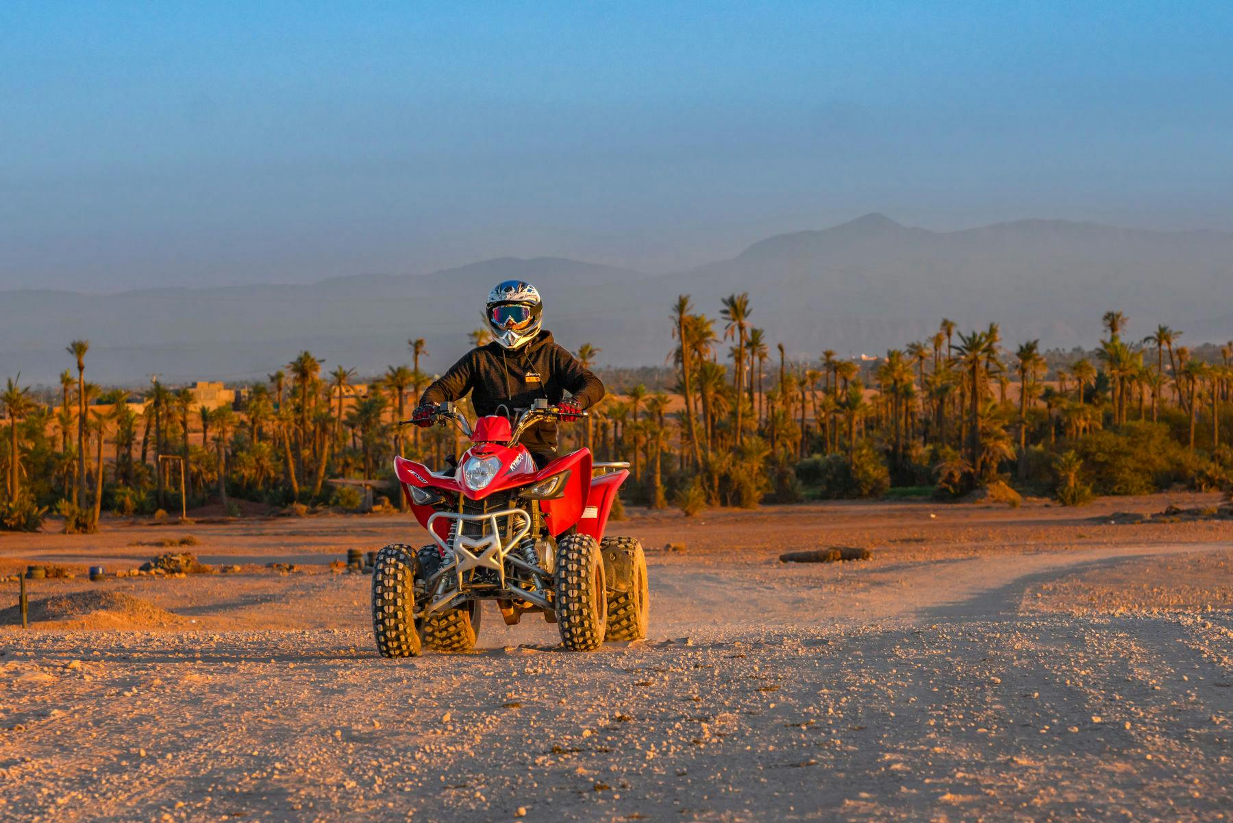 Person on a red ATV riding on a dirt path in a desert landscape with palm trees and mountains in the background.