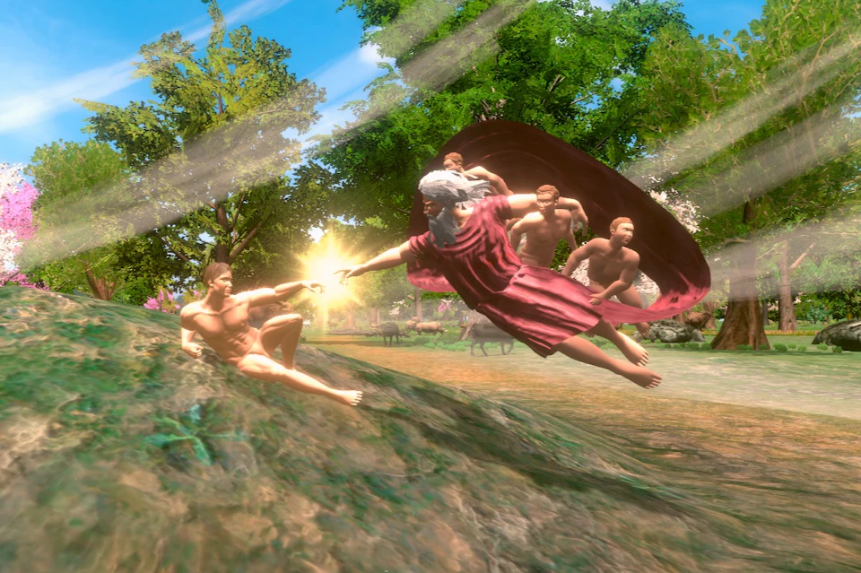 A stylized depiction of a figure in a red robe reaching out to another figure in a natural, sunlit outdoor setting.
