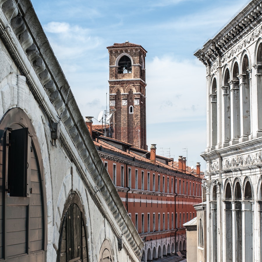 View at bell tower of Church of San Giovanni Elemosinario in Venice, Italy  Stock Photo - Alamy