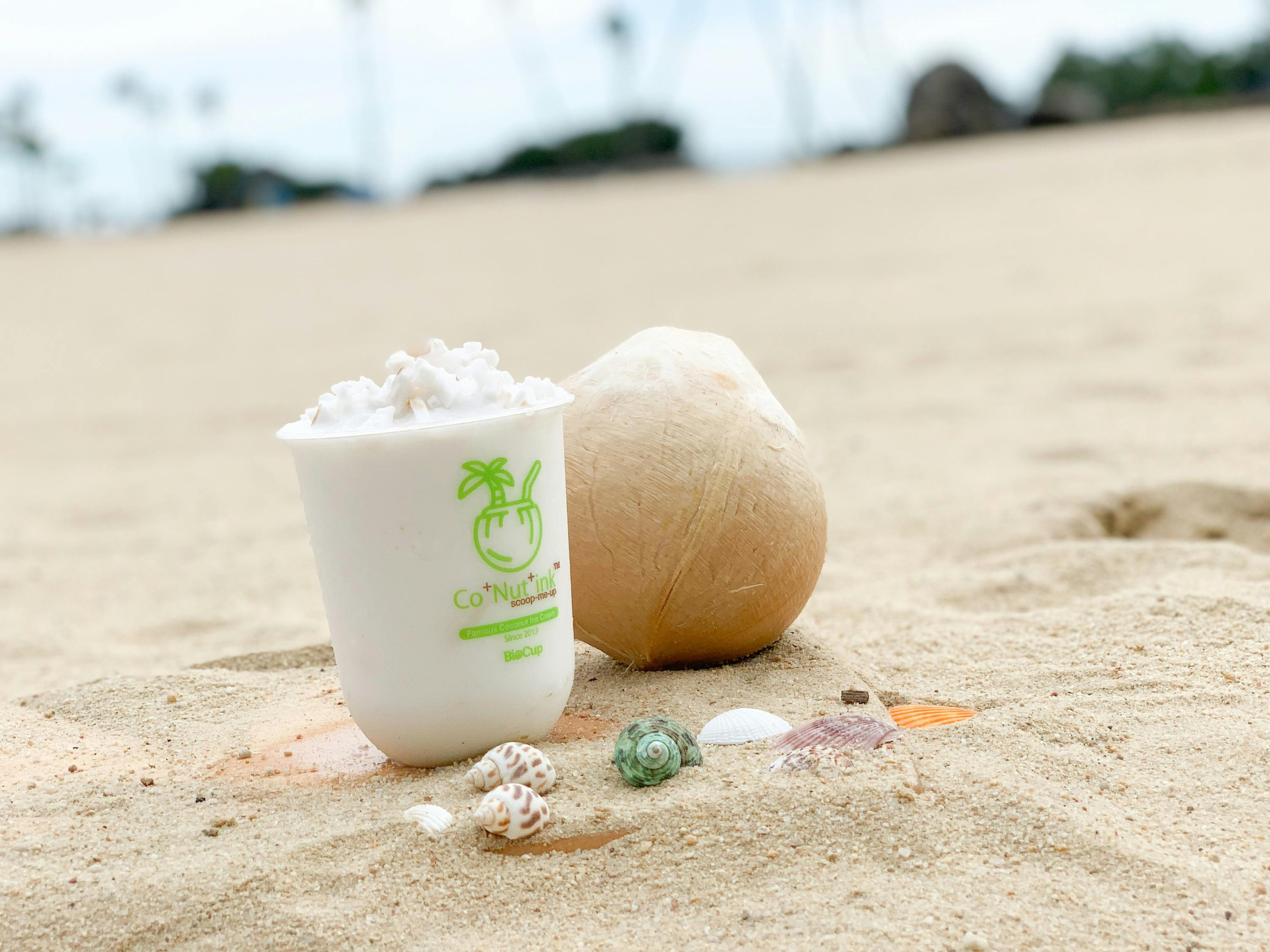 A cup with whipped topping next to a whole coconut and seashells on a sandy beach; blurred palm trees in the background.