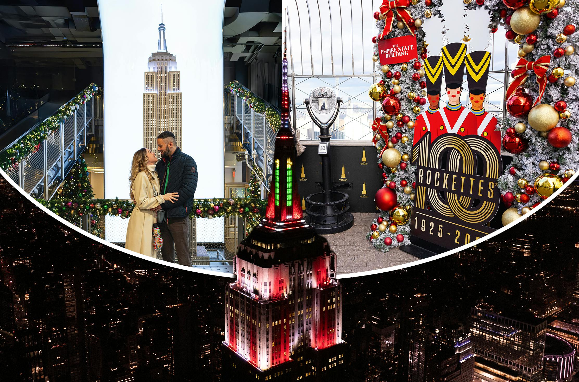 Ένα κολάζ του Empire State Building, εσωτερικές διακοσμήσεις διακοπών και ένα ζευγάρι που στέκεται σε μια διακοσμημένη πλατφόρμα.