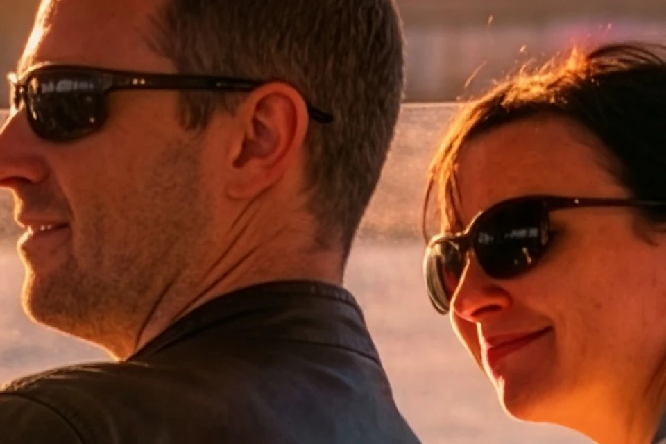 Two individuals wearing sunglasses sit on a boat with a view of a city across the water during sunset.