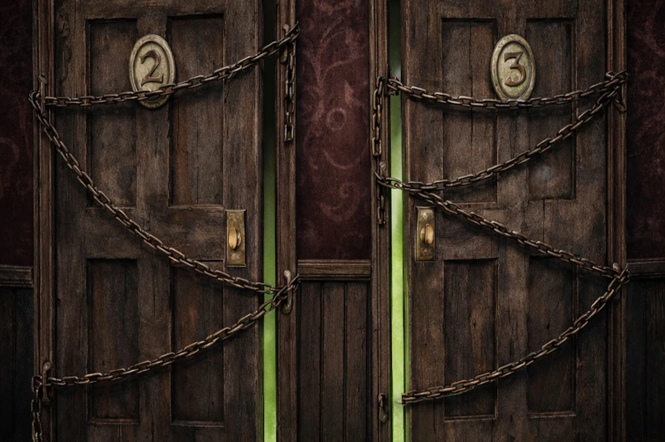 Two wooden doors numbered 2 and 3, secured with chains, flank a narrow gap revealing a green-lit interior with a patterned wall.
