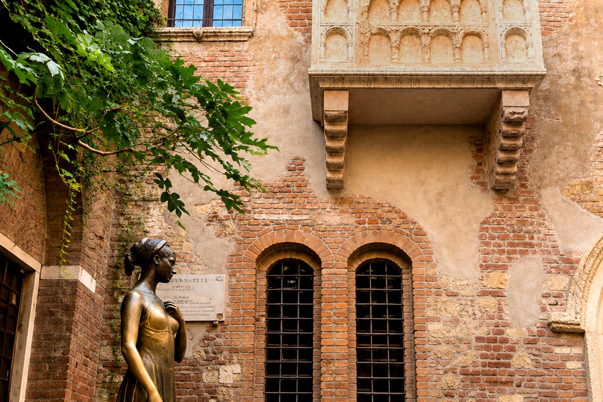 A bronze statue of a woman stands in front of a brick wall with arched windows and a decorative balcony above.