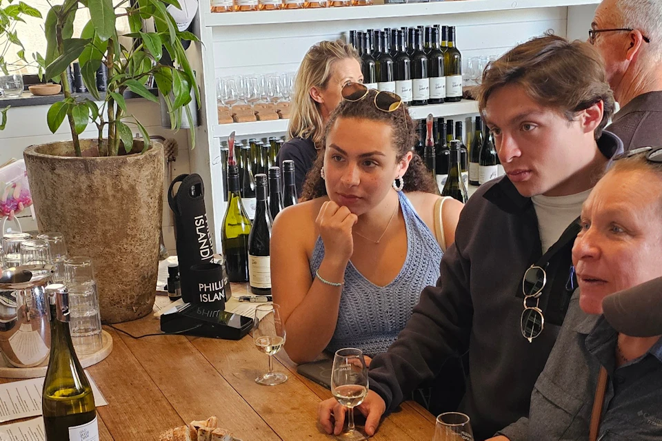 A man explains a charcuterie board to four people at a wine tasting bar with shelves of wine bottles in the background.