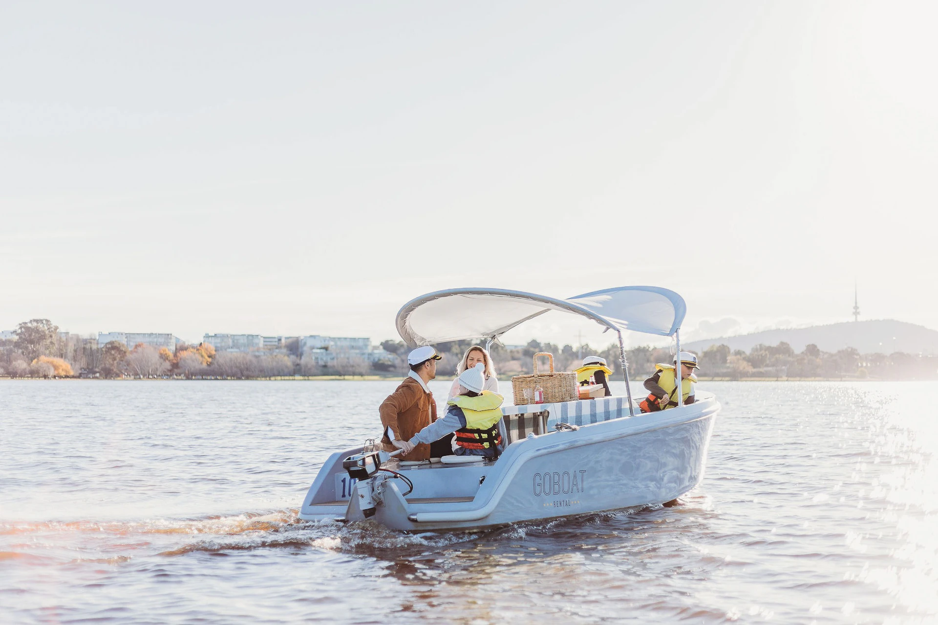 Enjoy a private electric picnic boat on Lake Burley Griffin in Canberra
