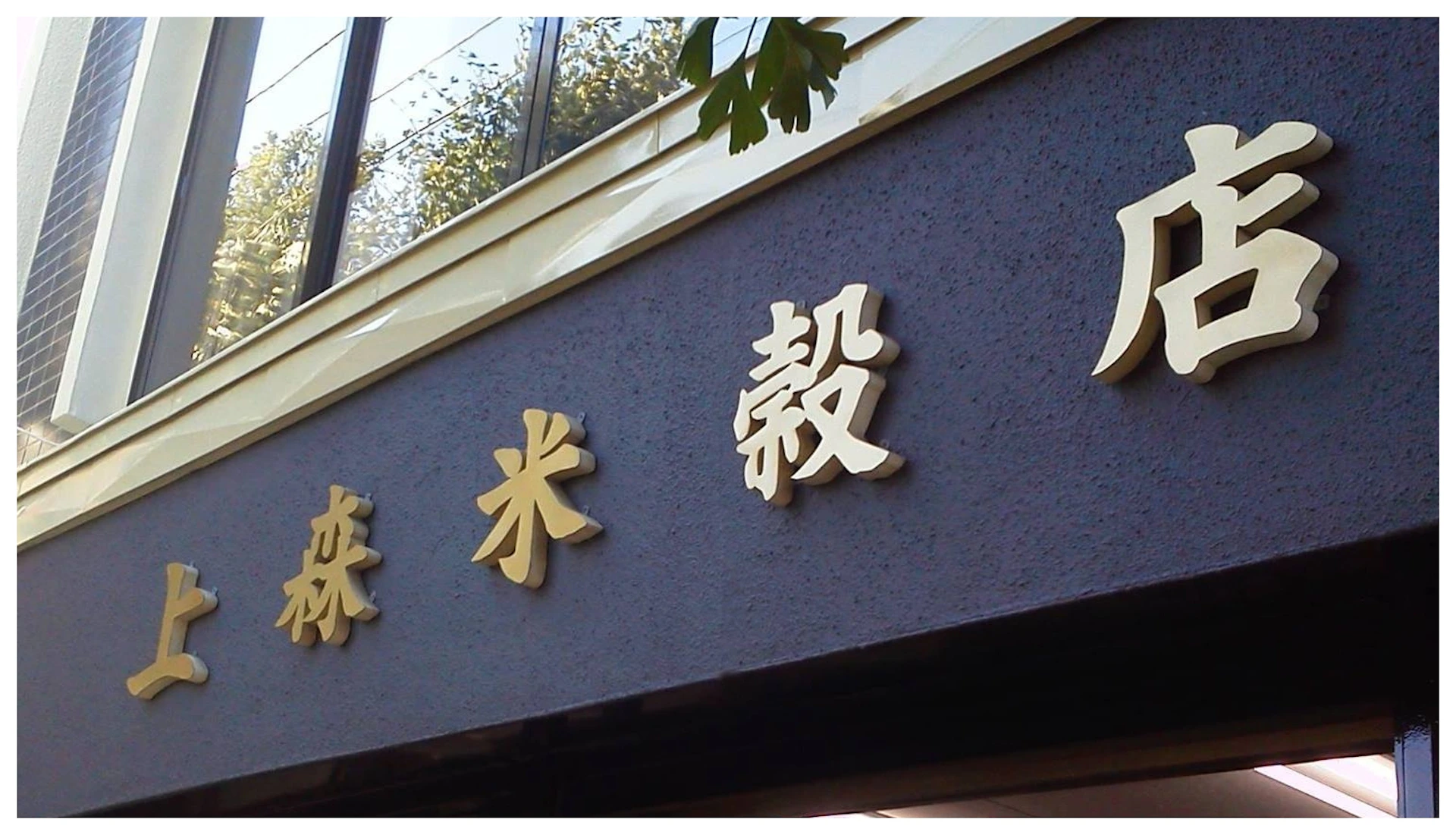A building facade with large gold-colored Chinese characters against a dark wall, with leaves visible above.