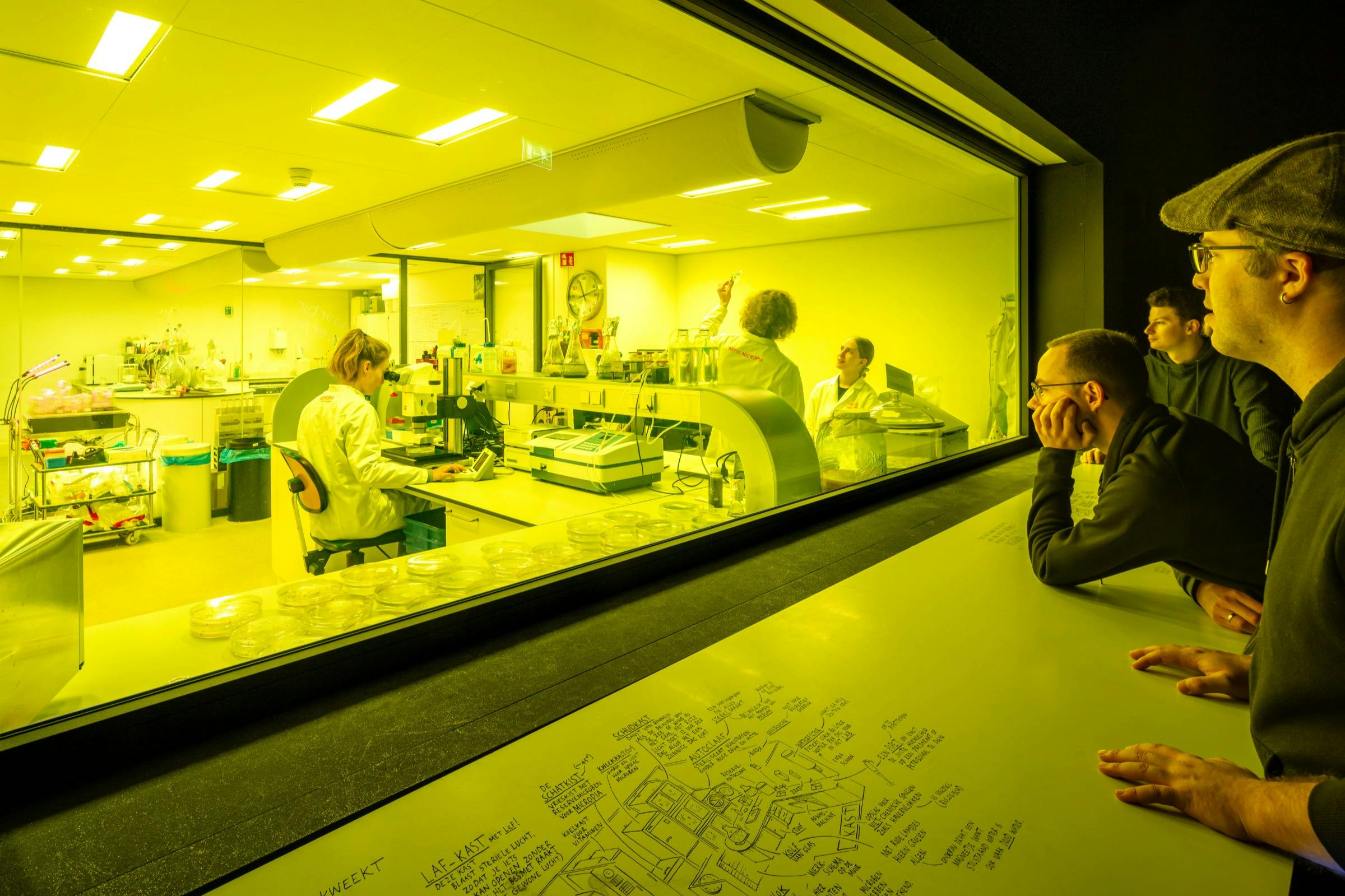 Άνθρωποι που παρατηρούν ένα εργαστήριο μέσα από ένα μεγάλο γυάλινο παράθυρο. Το εργαστήριο φωτίζεται με κίτρινο φως και περιέχει επιστημονικό εξοπλισμό.