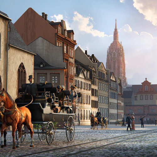 En kullerstensgata med hästdragna vagnar, människor i 1800-talsdräkt, historiska byggnader och en katedral i bakgrunden.