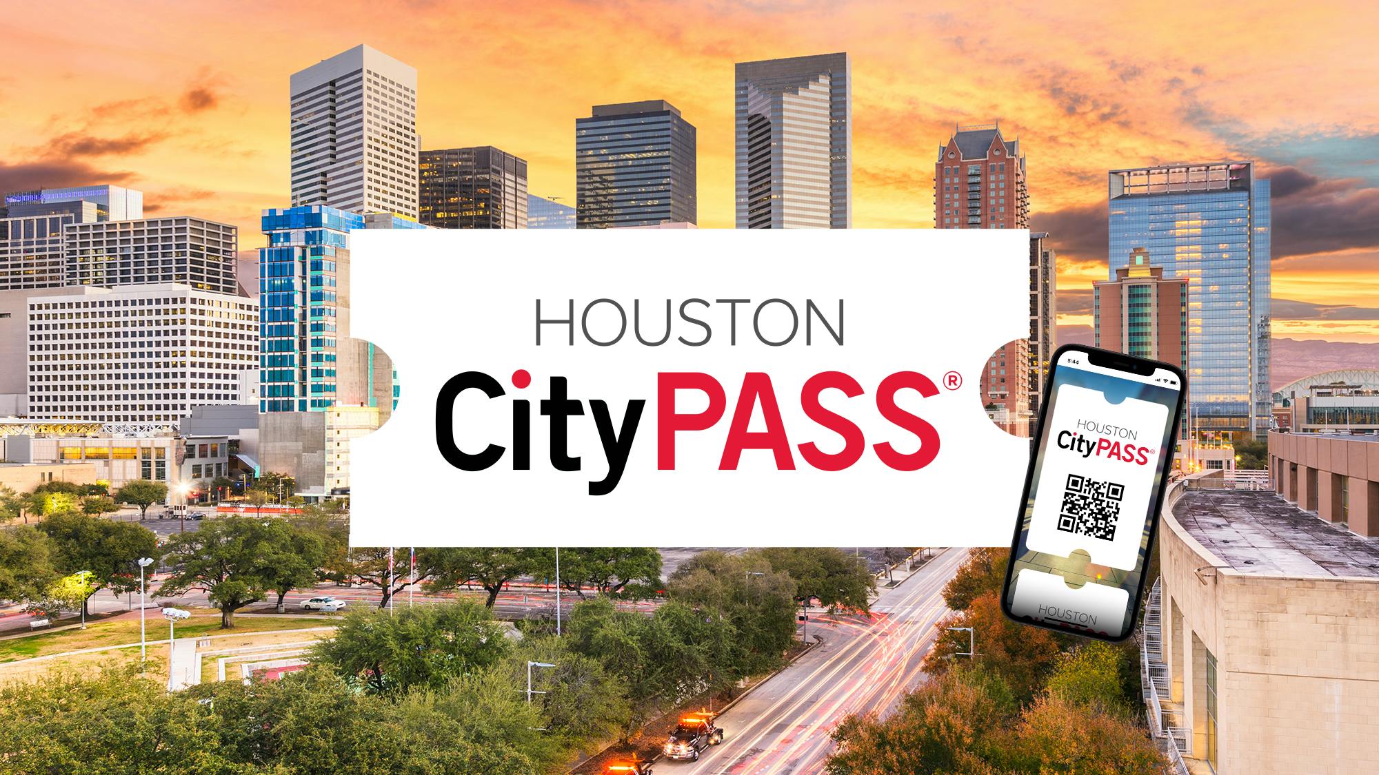 Stadtbild von Houston mit einem Park, Straßen und einem Fluss im Vordergrund. Der Text "Houston CityPASS" und ein Smartphone, das ein digitales Ticket zeigt, überlagern das Bild.
