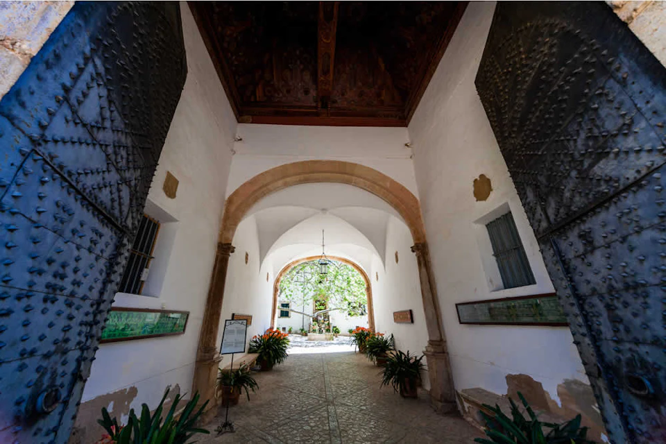 White-walled corridor with an arched ceiling, decorated with potted plants and a chandelier, leading to a sunlit courtyard.