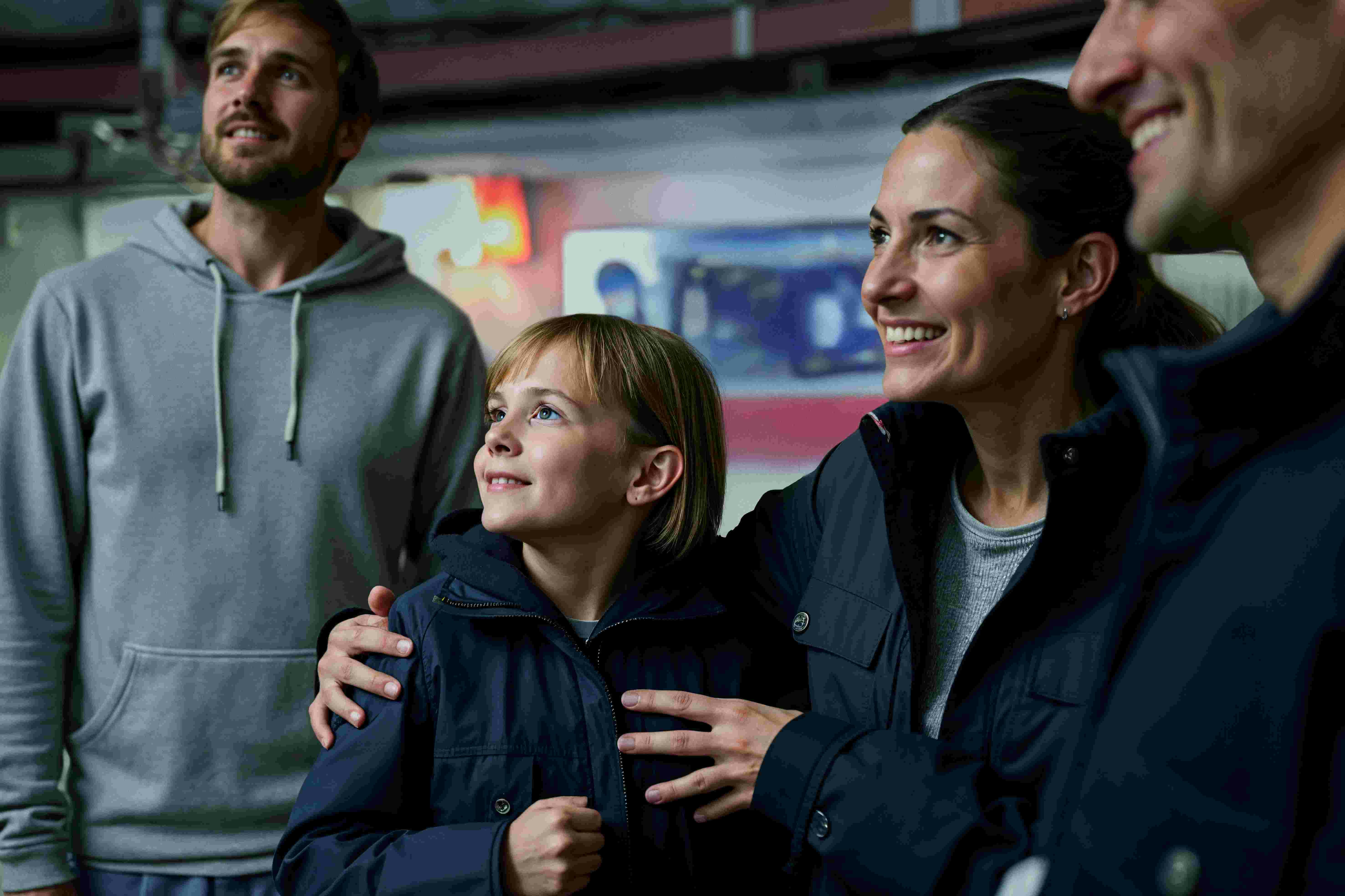 一个穿着夹克的微笑女人和孩子，两人都向上看，周围都是其他人。