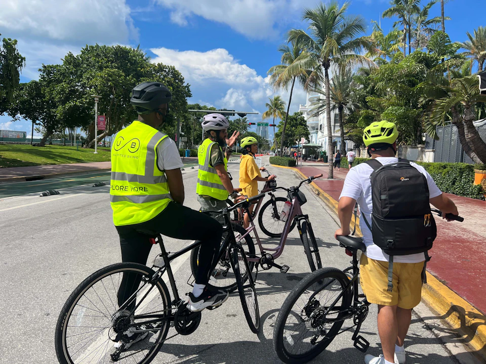 A group of cyclists wearing helmets and safety vests pause on a palm tree-lined street under a partly cloudy sky.