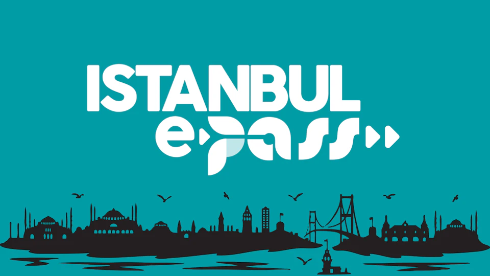 Text "ISTANBUL e-pass" with a skyline silhouette featuring the city's landmarks and seagulls against a turquoise background.