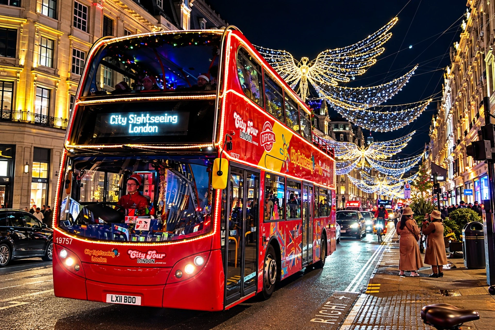 A red double-decker bus labeled 'City Sightseeing London' on a decorated street with lights at night.