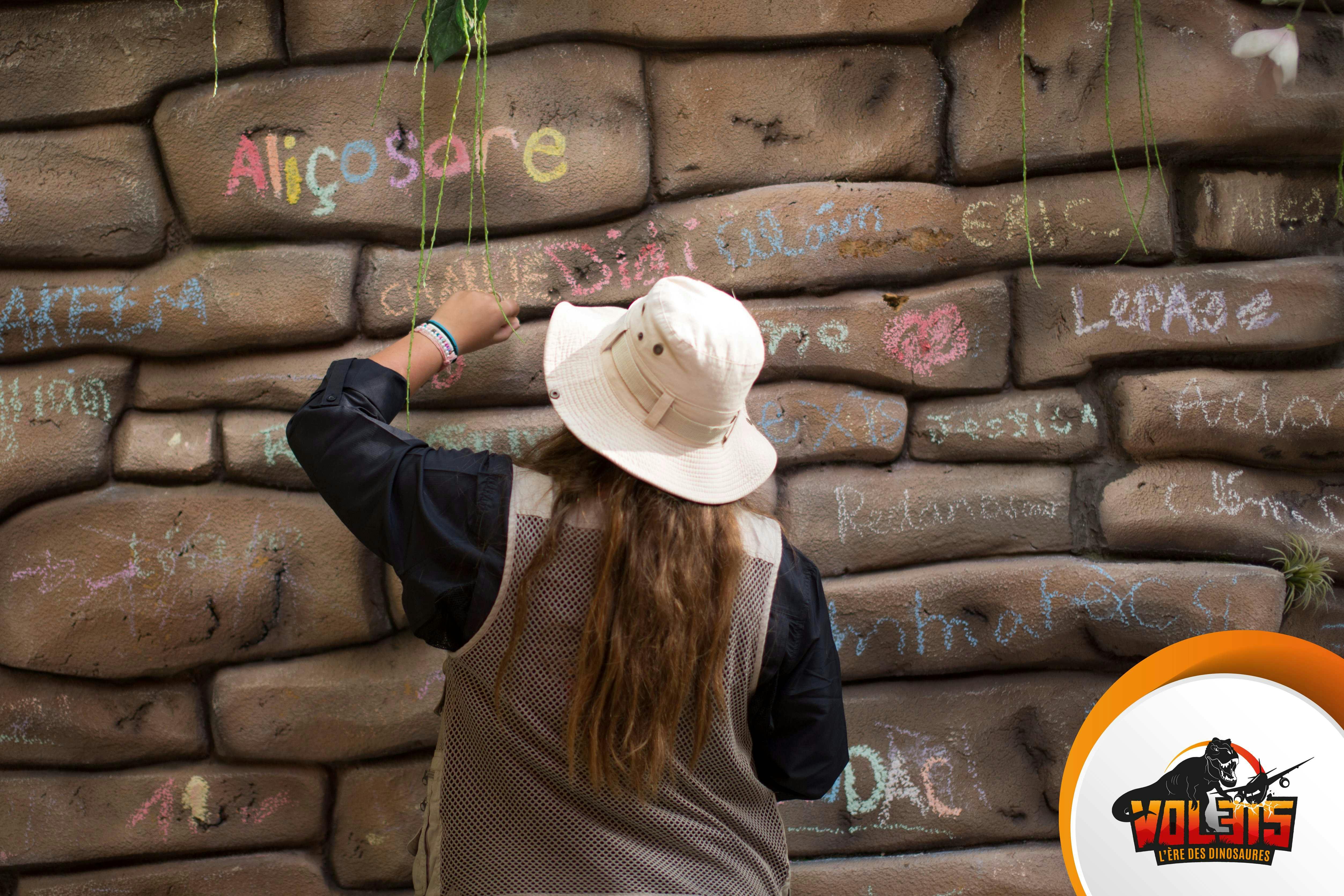 Osoba s dlouhými vlasy a kloboukem, která píše na kamennou zeď pokrytou barevnými křídovými vzkazy.