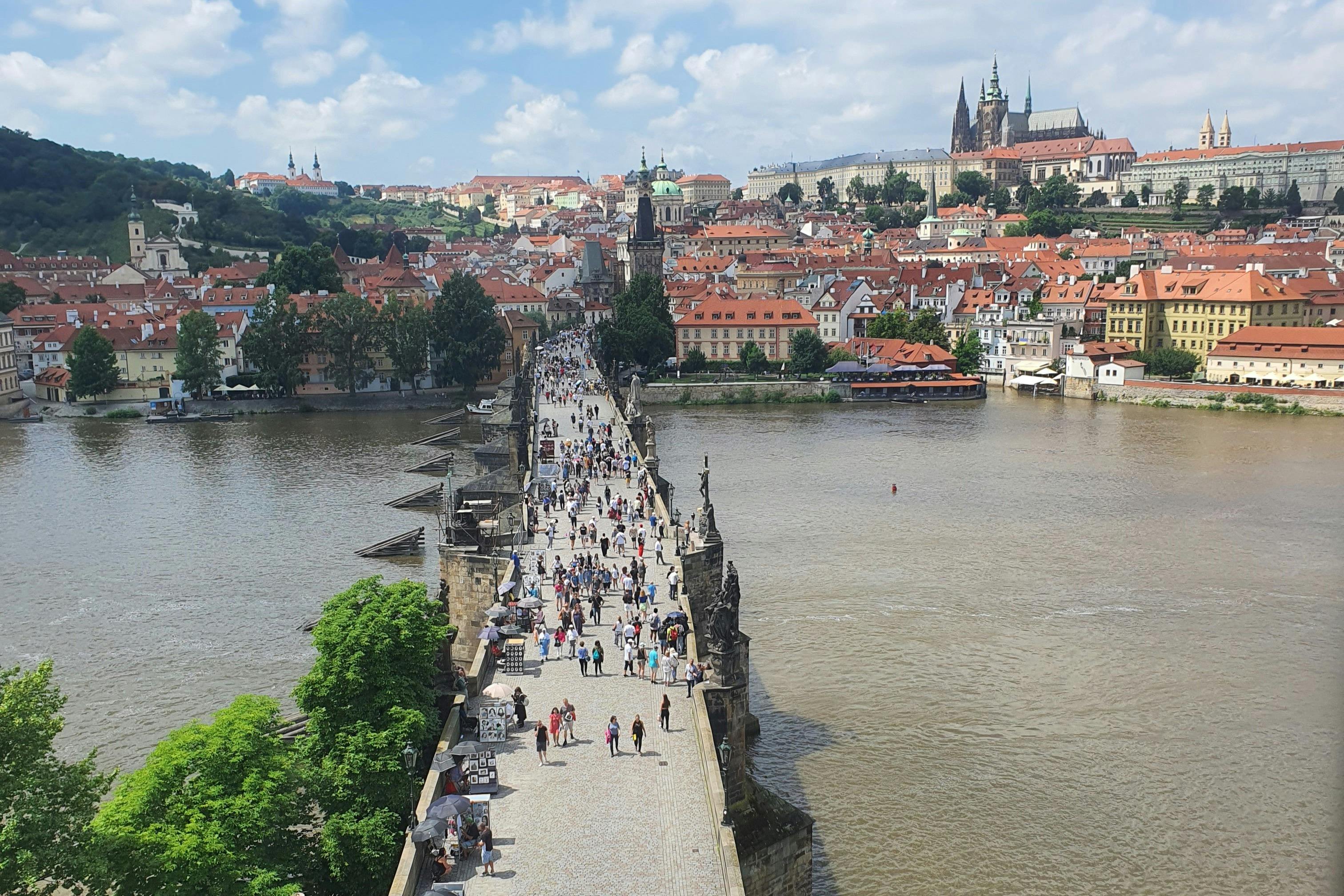 View from the Old Town Bridge Tower to the Charles Bridge and Prague Castle.
