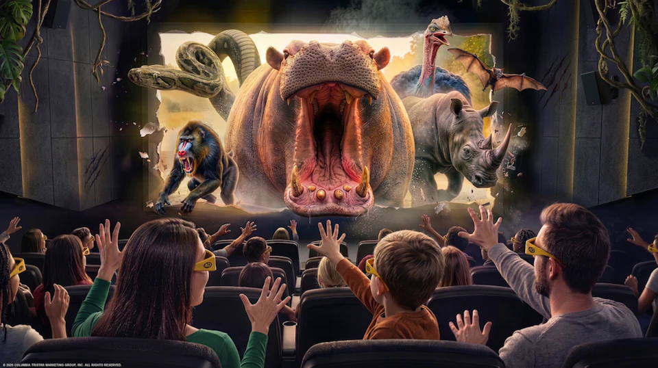 A 3D movie scene with a hippo, mandrill, rhinoceros, and other animals appearing to burst out of the screen towards an audience wearing 3D glasses.