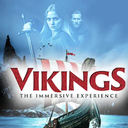 A promotional image for 'Vikings: The Immersive Experience,' featuring a Viking longship and two characters in a dramatic scene.