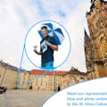 Meet our representative at the corner of the Prague Castle complex's III. courtyard next to the St. Vitus Cathedral. Look out