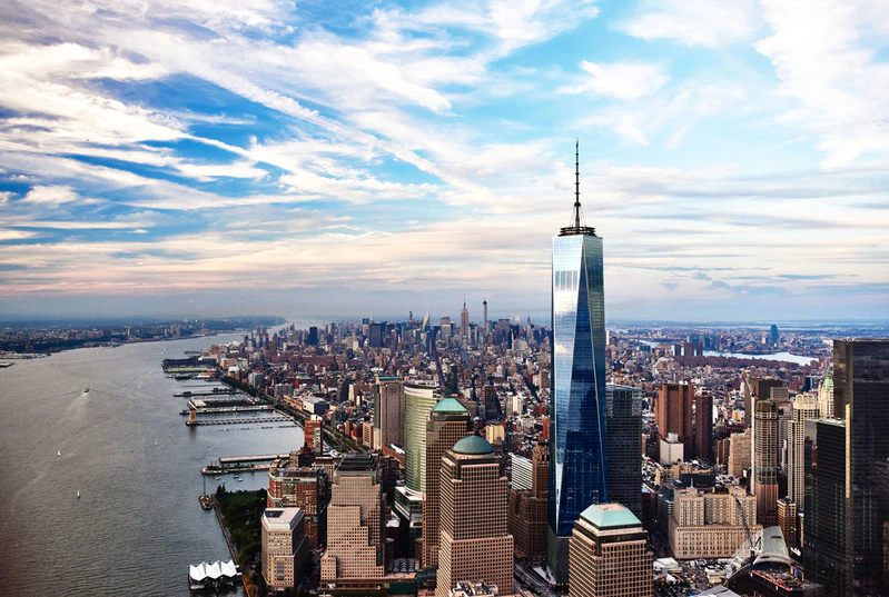 aerial view of new york city and the one world observatory tower