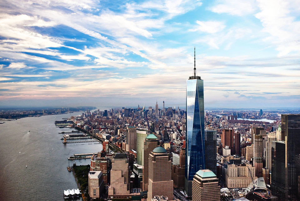 aerial view of new york city and the one world observatory tower