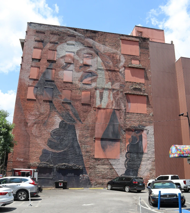 A large mural depicting a woman’s face covers a brick building. Several cars are parked in front of the building.
