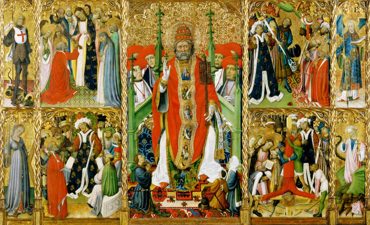 다른 인물들과 정교한 금 디테일로 둘러싸인 붉은 가운을 입은 중심 인물을 묘사한 화려한 종교 그림.