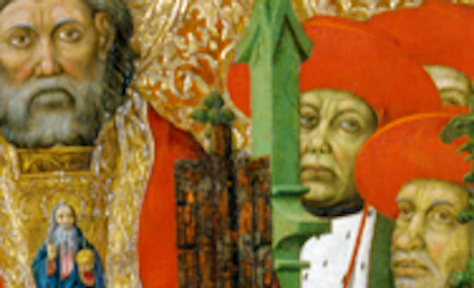 An ornate religious painting depicting a central figure in red robes surrounded by other figures and intricate gold detailing.