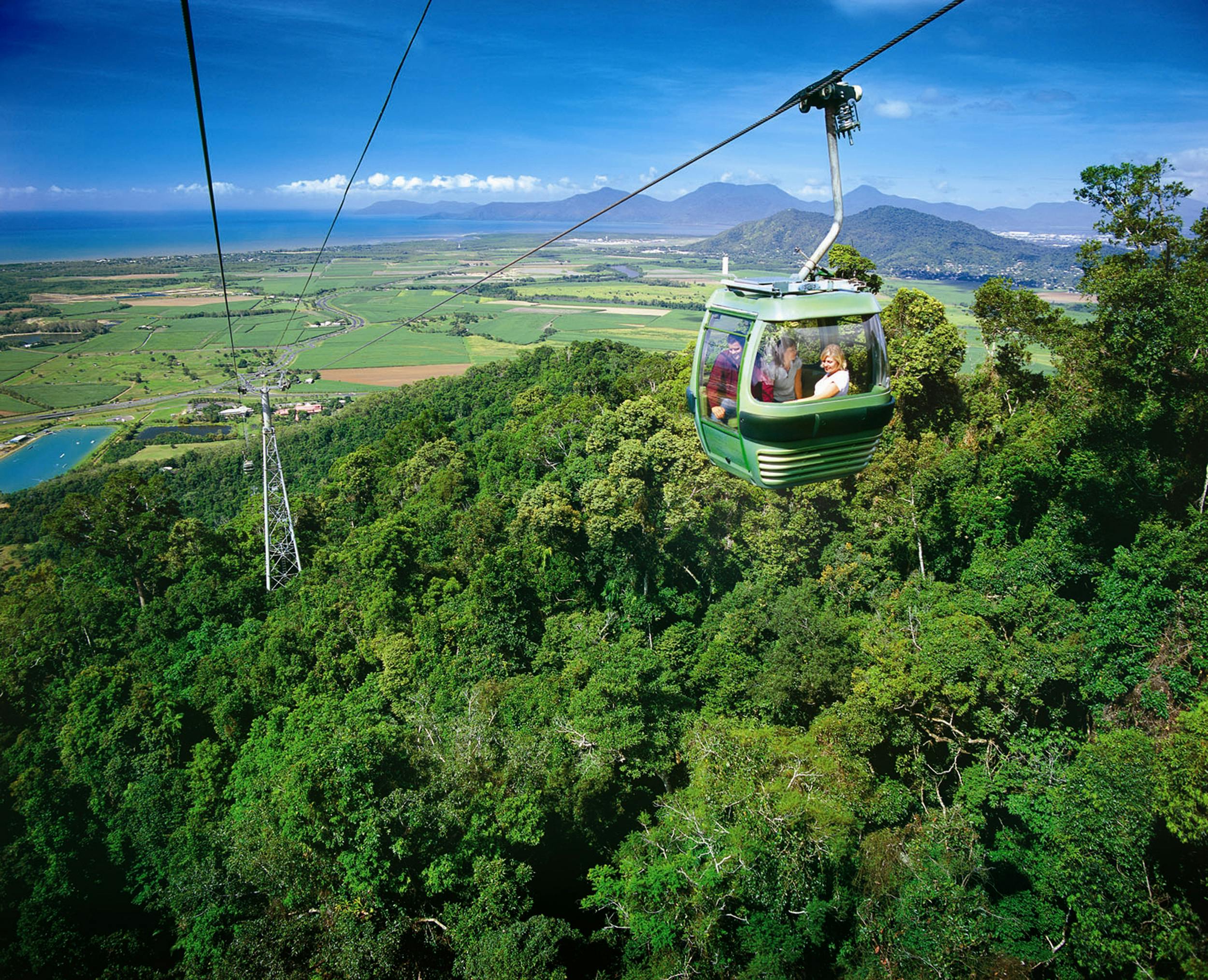 A green cable car with passengers travels over a lush forest with mountains and a coastline in the background.