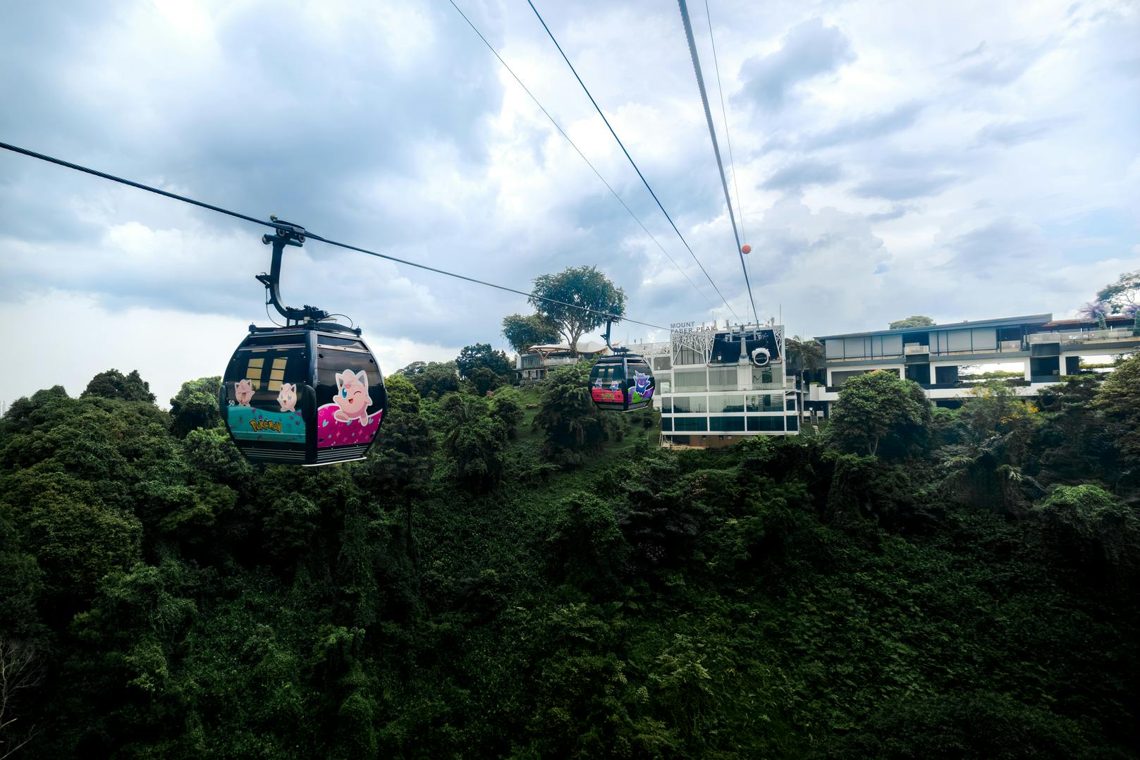 Cable cars with cartoon designs travel over a lush green forest under a cloudy sky, near a modern white structure.