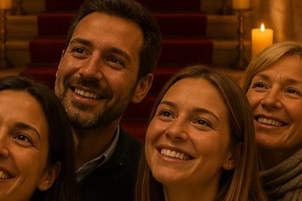 A group of smiling people posing in front of a staircase lined with lit candles in a warmly lit interior space.