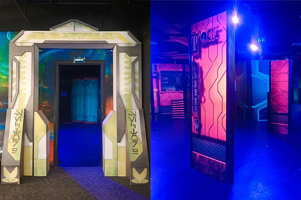 A futuristic-themed interior with neon-lit decorations and panels, resembling a sci-fi spaceship or escape room.