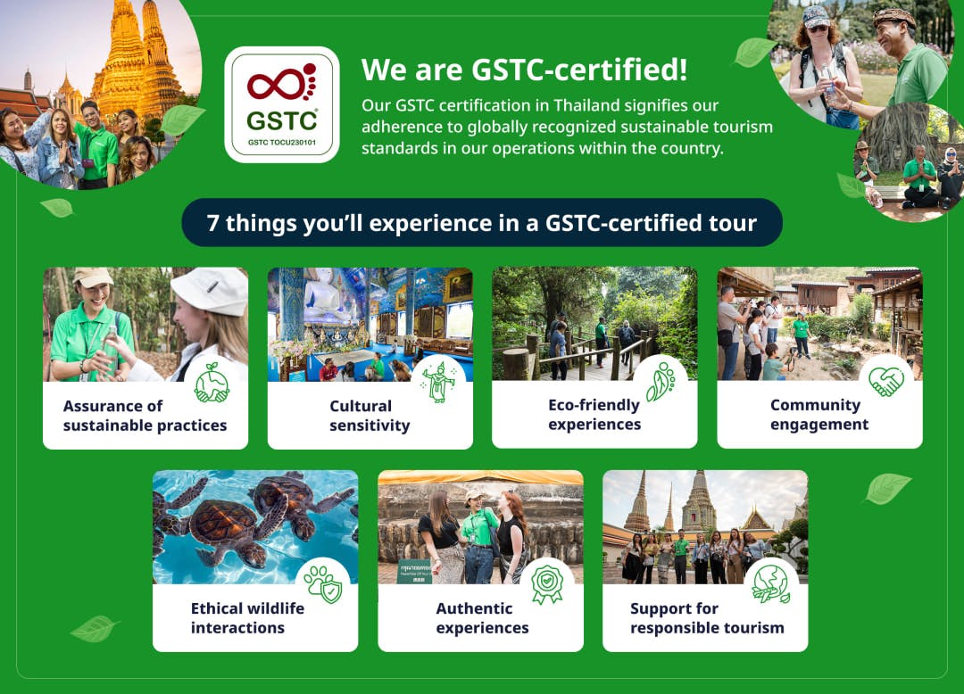 Γράφημα πληροφοριών με πιστοποίηση GSTC στην Ταϊλάνδη, όπου αναφέρονται 7 εμπειρίες με πιστοποίηση GSTC: βιωσιμότητα, πολιτισμός, φιλικό προς το περιβάλλον, άγρια φύση, αυθεντικότητα, υποστήριξη.