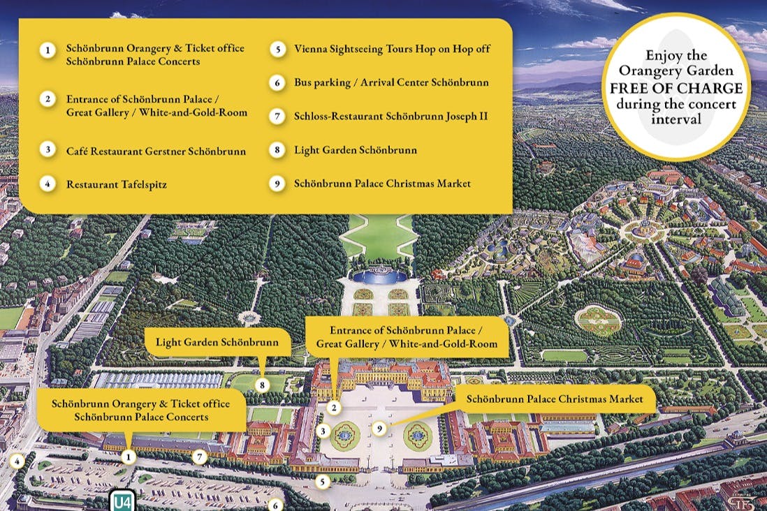 Mapa ilustrado do Palácio de Schönbrunn, Viena, marcado com a localização das atracções, caminhos e um grande jardim.