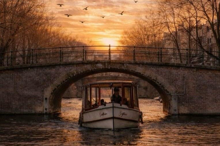 夕暮れ時に石橋の下で運河を航行するボートで、鳥が空を飛び、木々が水面を覆っています。